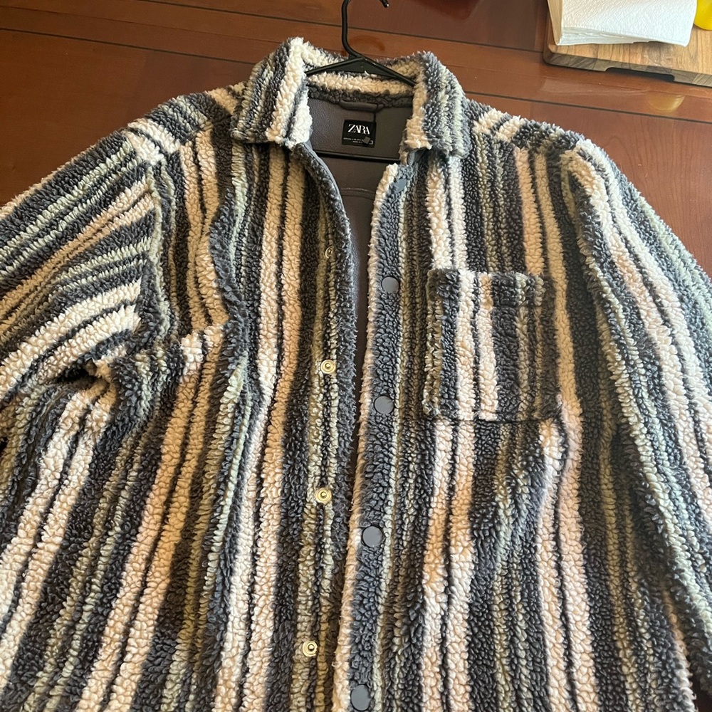 Zara Striped Fleece Shirt Jacket - Black, Gray, Cream